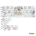 Adorable Cinnamoroll side-lit PBT keycaps set shown from a charming angle, highlighting their clean tops and durable, glowing side legends in sweet pastel hues.