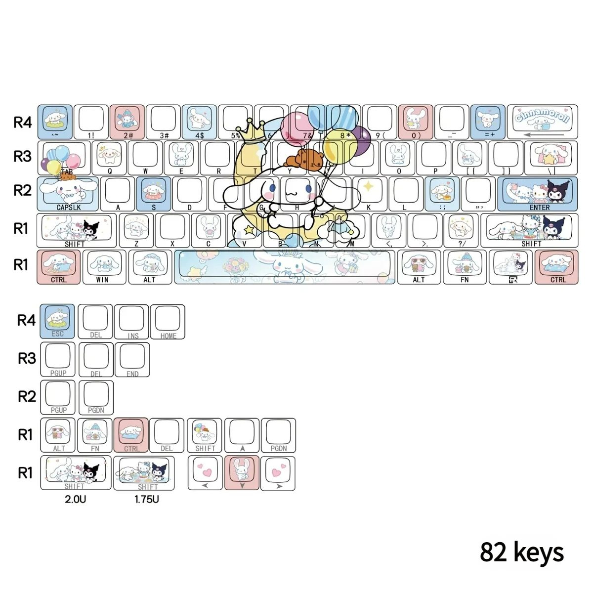 Adorable Cinnamoroll side-lit PBT keycaps set shown from a charming angle, highlighting their clean tops and durable, glowing side legends in sweet pastel hues.