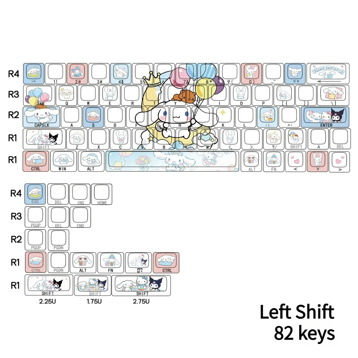 Adorable Cinnamoroll side-lit PBT keycaps set for 63/64/66 layouts, featuring sweet character art and durable legends for a charming desk aesthetic.