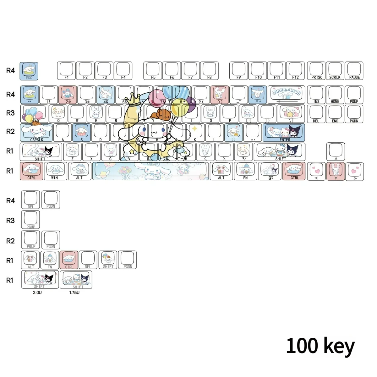 Adorable Cinnamoroll side-lit PBT keycaps set for 75-87 layout keyboards, showcasing sweet pastel hues and glowing side legends for a charming desk aesthetics.