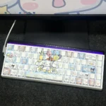 Adorable Cinnamoroll side-lit PBT keycaps set featuring sweet character art and glowing legends, perfect for a charming and durable desk setup.