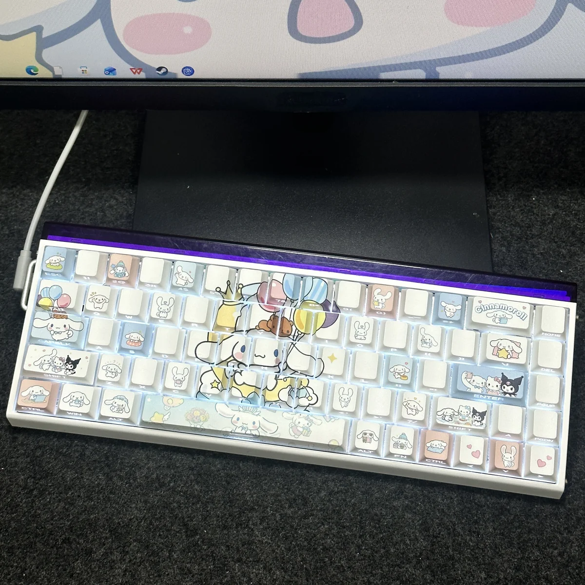 Adorable Cinnamoroll side-lit PBT keycaps set featuring sweet character art and glowing legends, perfect for a charming and durable desk setup.