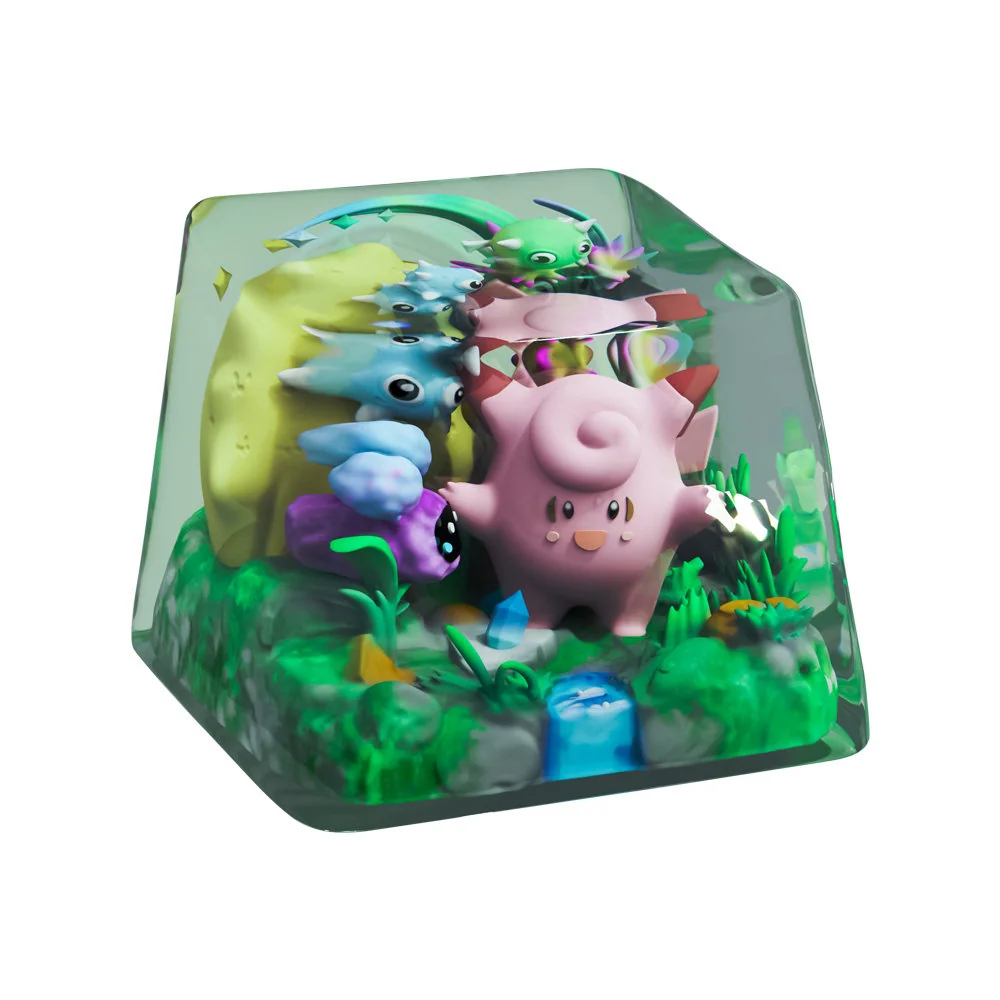 Detailed view of the handcrafted Clefairy keycap, revealing its whimsical pastel pink Pokemon artisan design and charming details from a unique angle.