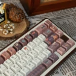 Detailed views of Serene Coffee PBT Keycap Set, showing the durable dye-sublimated legends and warm, inviting coffee palette. Creates a premium cafe aesthetics.