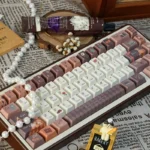 Close-up of Serene Coffee PBT Keycaps Set, highlighting the crisp dye-sublimated legends and durable PBT texture. Warm coffee tones create a sophisticated design.