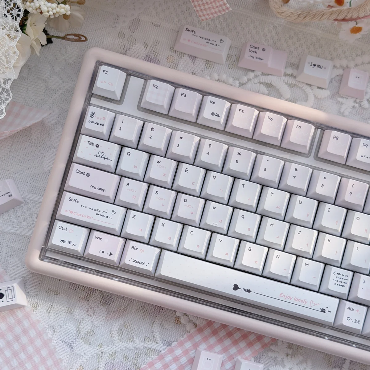 Multiple perspectives of the Crush PBT keycaps set, showcasing its durable PBT elegance, soft ethereal colors, and subtle romantic motifs that whisper.