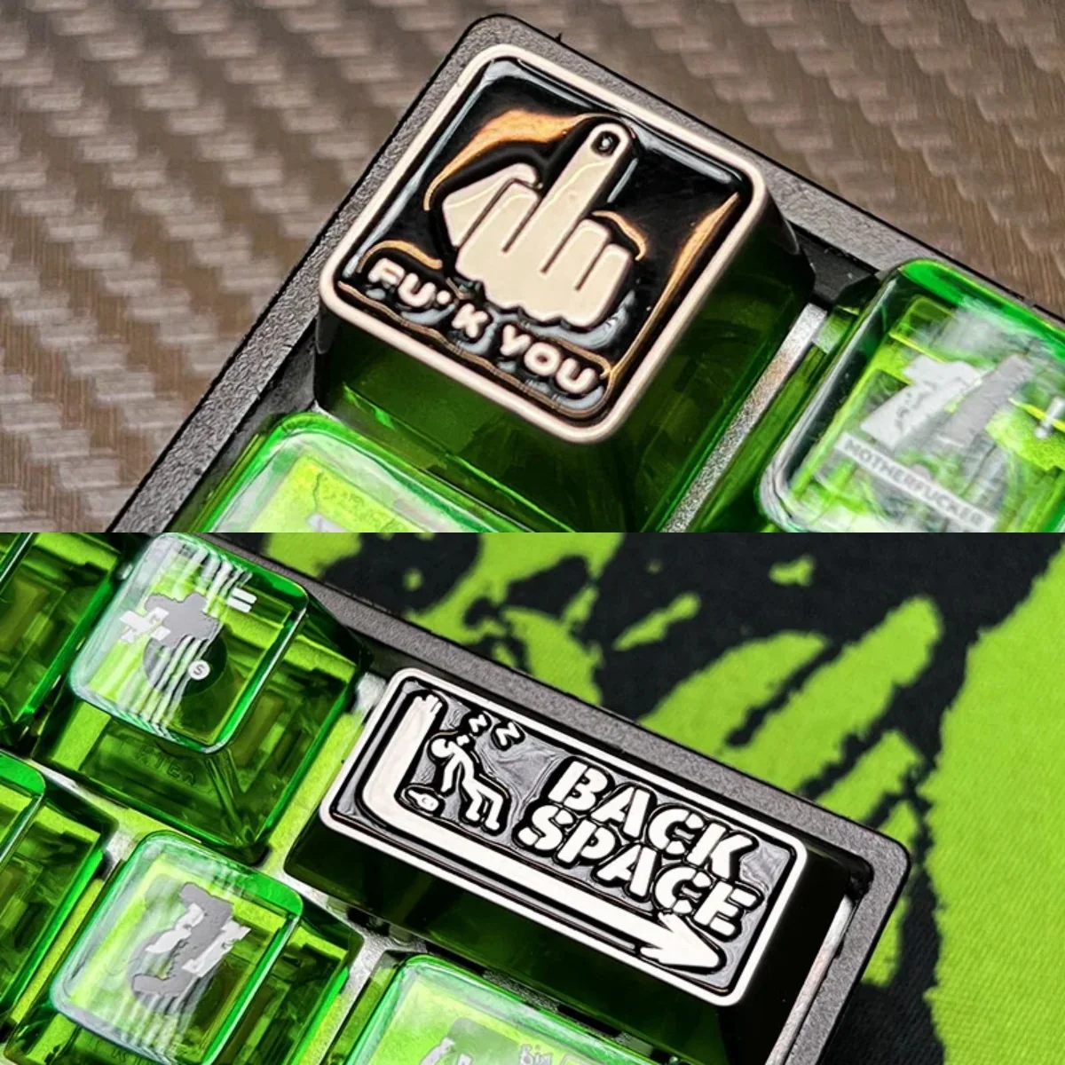 Bold Shameless Custom Keycap, showcasing its defiant design and premium finish. An industrial-chic ESC accent for unique style.
