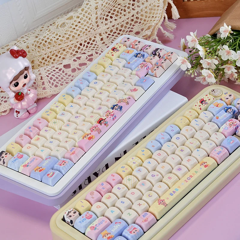 Whimsical Baby Zoraa Cute PBT Keycaps Set gallery: durable PBT, enchanting cartoon dolls, dreamy pastel bubblegum aesthetic from playful angles.