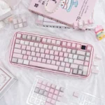 A whimsical collection of cute pink PBT dye-sublimation keycaps set, showcasing various dreamy pastel designs for a serene desktop utopia.