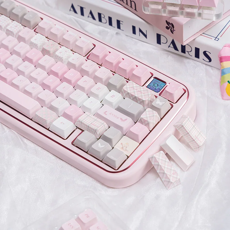 Close-up of a dreamy pink PBT dye-sublimation keycap set, showcasing cute pastel motifs for a whimsical desktop utopia. Perfect cute pink keycaps.