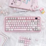 Dreamy pink PBT dye-sublimation keycap set, showcasing cute motifs for a serene desktop utopia. Perfect for a playful aesthetic.
