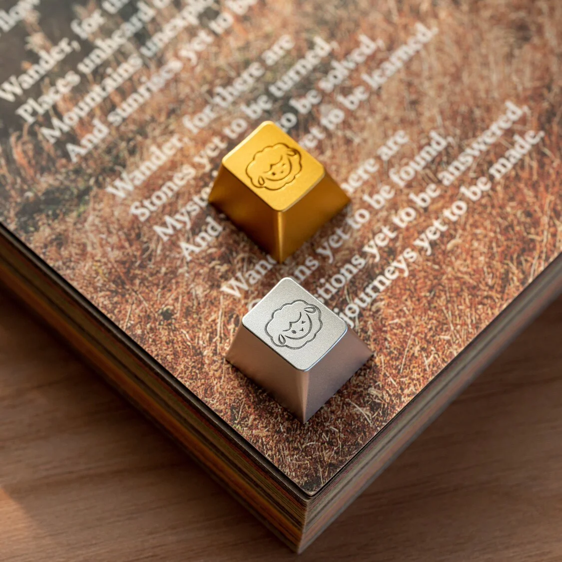 Whimsical handcrafted aluminum alloy cute sheep artisan keycap, showcasing its vibrant metallic finish and intricate details from various angles.