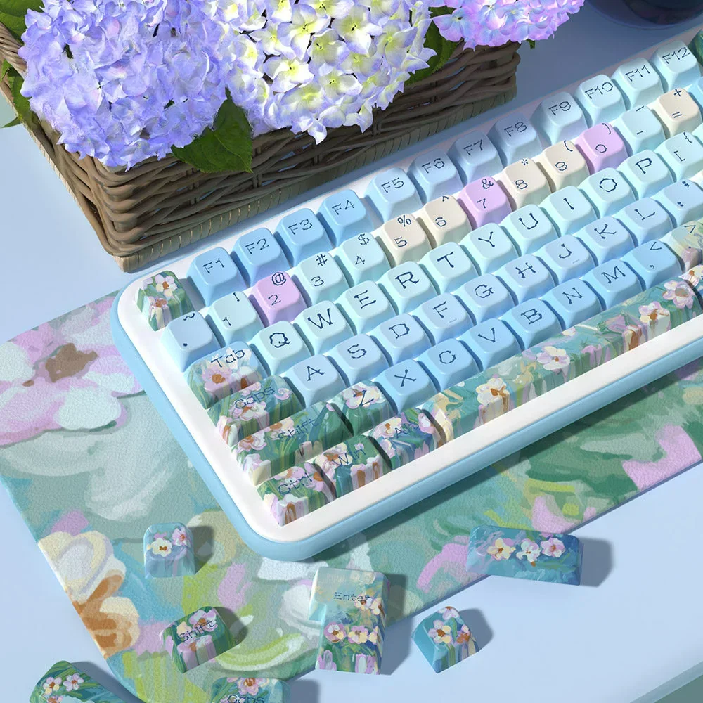 Multiple angles of the Charming Daisy PBT Backlit Keycap Set, showcasing the fresh floral dye-sublimated design and vibrant backlighting on durable PBT design.