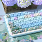 A captivating product gallery of Charming Daisy PBT Backlit Keycaps Set from multiple artistic angles, highlighting the fresh dye-sublimated daisy floral.