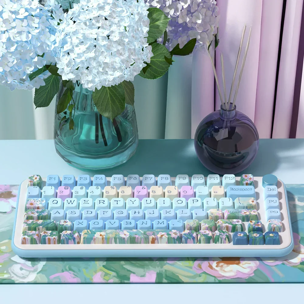 Charming Daisy PBT Dye-sublimated Backlit Keycap Set displays vibrant fresh daisy floral art, highlighting durable PBT keycaps with artistic flair.