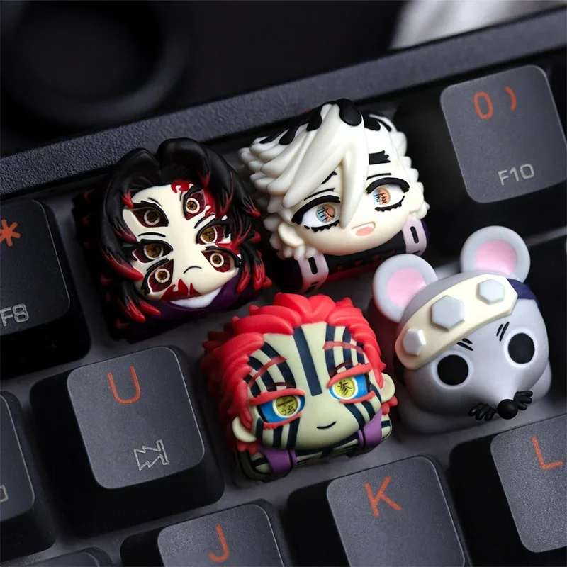 Close-up views of a vibrant, handcrafted Demon Slayer Muscle Mice artisan keycap from multiple angles, highlighting its intricate anime details.