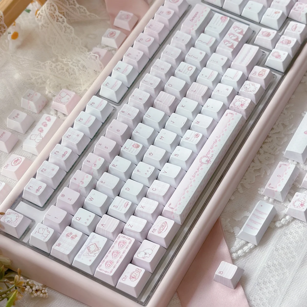 Charming Dessert Cat PBT Keycap Set showcased from various angles. Adorable pastel cartoon cats enjoying sweet desserts add whimsical charm.