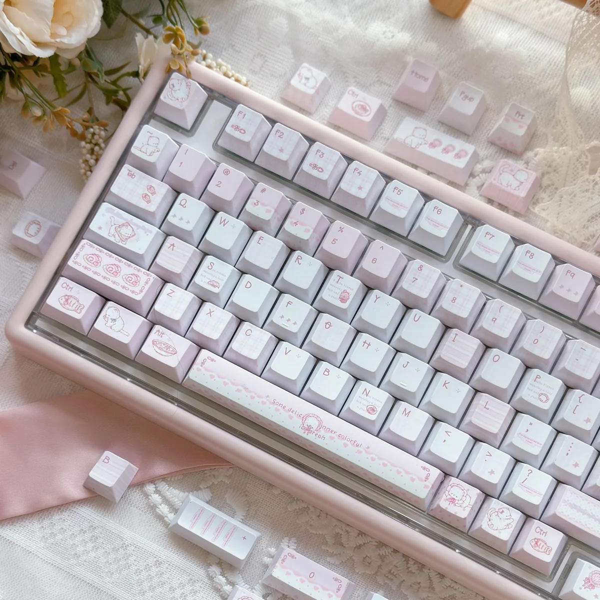 Main image of the Charming Dessert Cat PBT Keycap Set, featuring a full array of adorable pastel cartoon cats playfully enjoying various desserts.