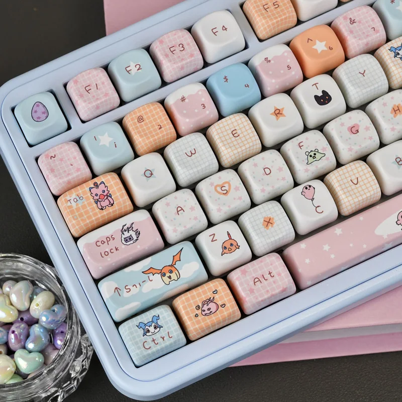 Close-up of vibrant Digimon MOA dye-sub keycaps set for mechanical keyboards, showcasing various cute nostalgic characters from multiple angles, enhancing design.