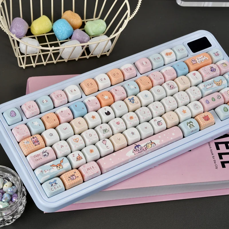 Vibrant Digimon MOA dye-sub keycaps set featuring nostalgic characters, a playful and cute addition for any mechanical keyboard enthusiast.