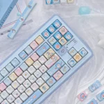 Vibrant blue and white Doraemon PBT dye-sub keycaps set, showcasing iconic characters and gadgets for a playful, nostalgic keyboard upgrade.