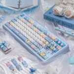 Vibrant blue and white Doraemon PBT dye-sub keycaps set, showcasing beloved characters and iconic gadgets from various angles for nostalgic keyboard enthusiasts.