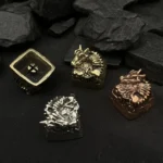 Detailed view of an intricate handcrafted pure copper Dragon Keycap, depicting a mythical Chinese zodiac dragon on an ESC key.