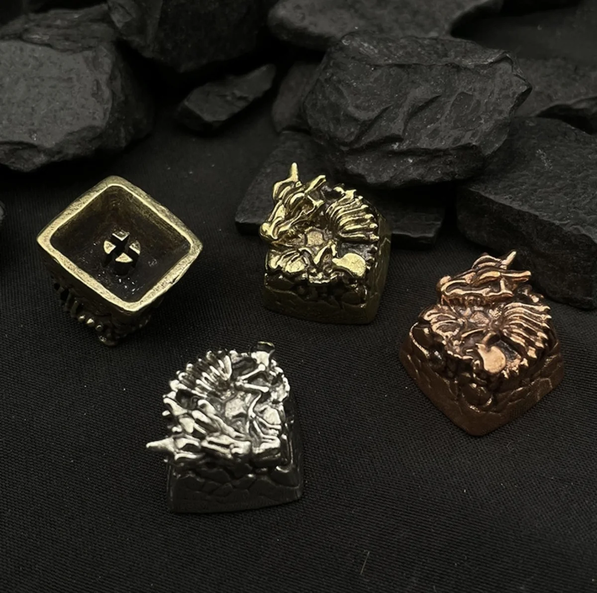 Detailed view of an intricate handcrafted pure copper Dragon Keycap, depicting a mythical Chinese zodiac dragon on an ESC key.