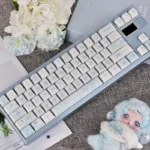 Dream Butterfly PBT Dye-Sub Keycaps Set for mechanical keyboards. Exquisite blue and white design with ethereal butterfly motifs, offering durable artistic design.