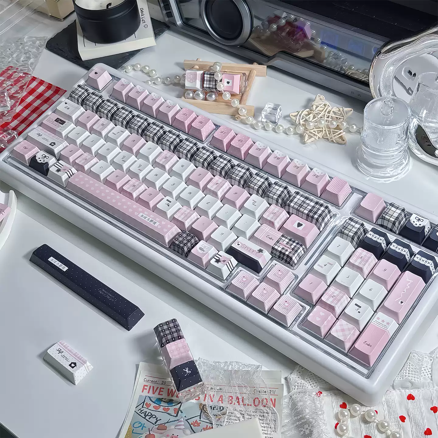 Ethereal Dreamscape PBT Keycaps set, showcasing soft pastel gradients. Durable PBT and comfortable Cherry profile create an artistic, serene keyboard.