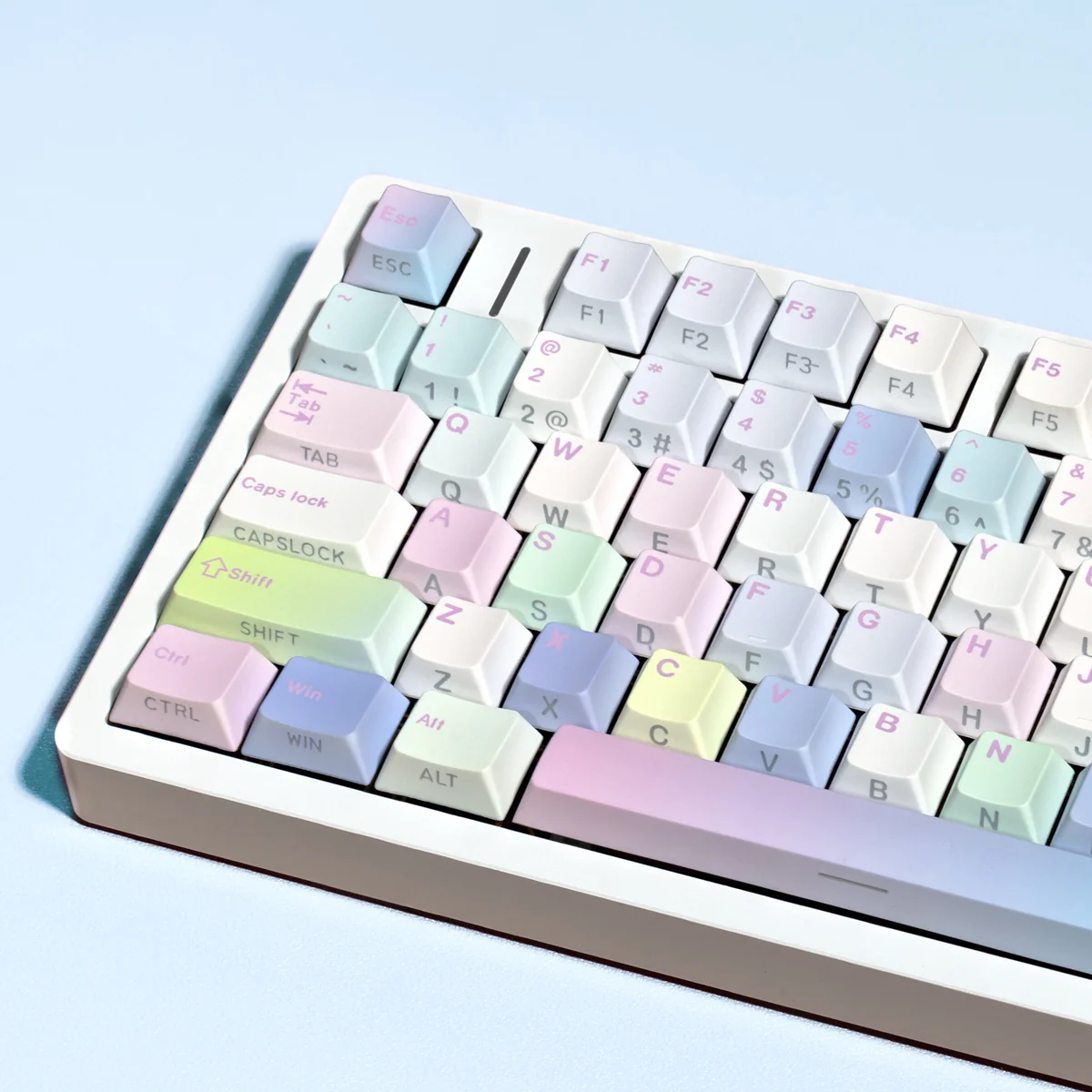 Artistic detail of Dreamy Bubble PBT Keycaps Set, revealing ethereal translucent bubble design and soft iridescent hues, creating a whimsical keyboard aesthetics.
