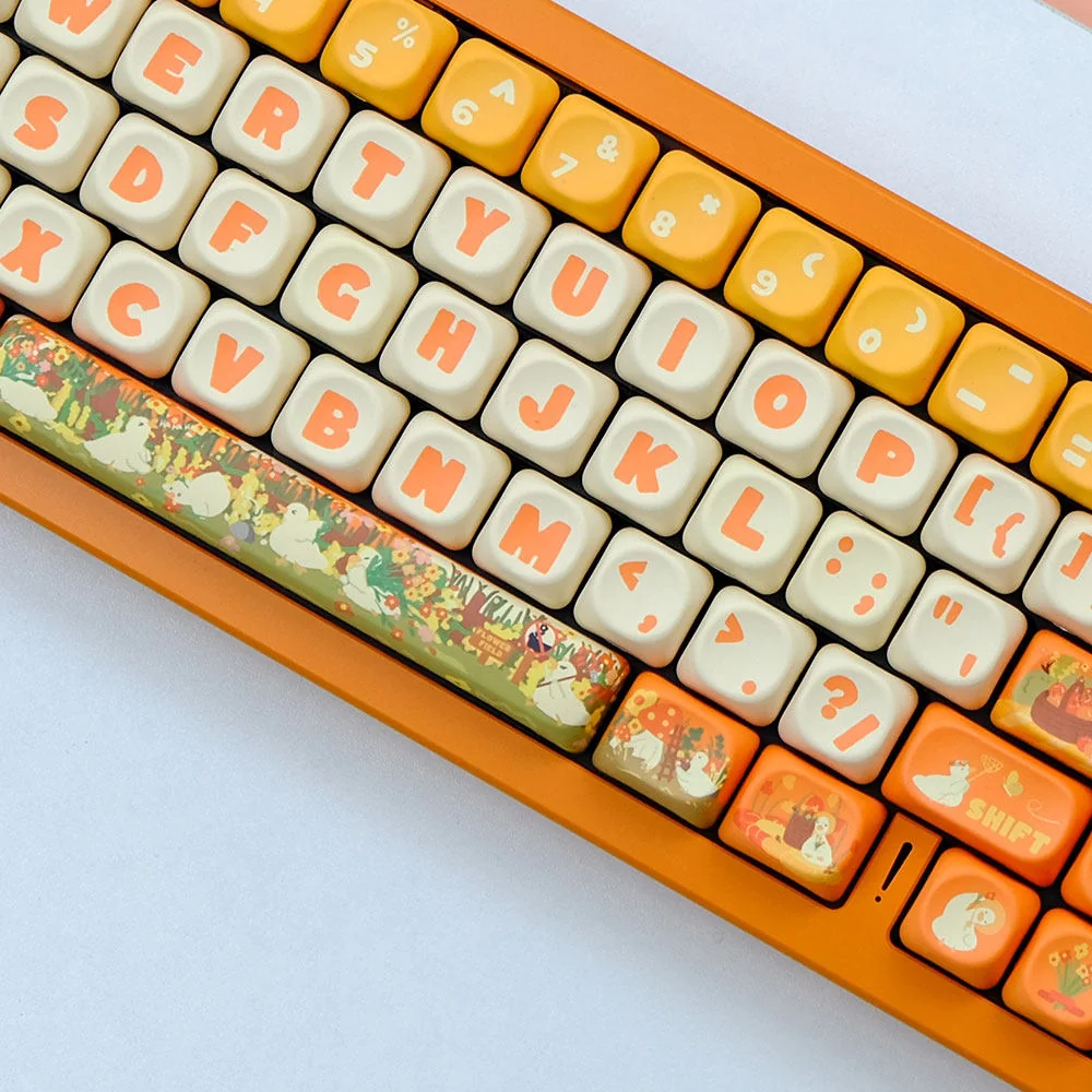 Close-up of a whimsical duck and flower MOA PBT keycap set, showcasing the charming cartoon design and pastel colors, perfect for a joyful keyboard.