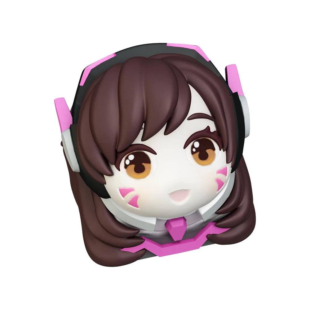 Vibrant, handcrafted D.VA Overwatch artisan keycap shown from various angles, highlighting its detailed resin artistry, iconic pink palette, and gaming setup.