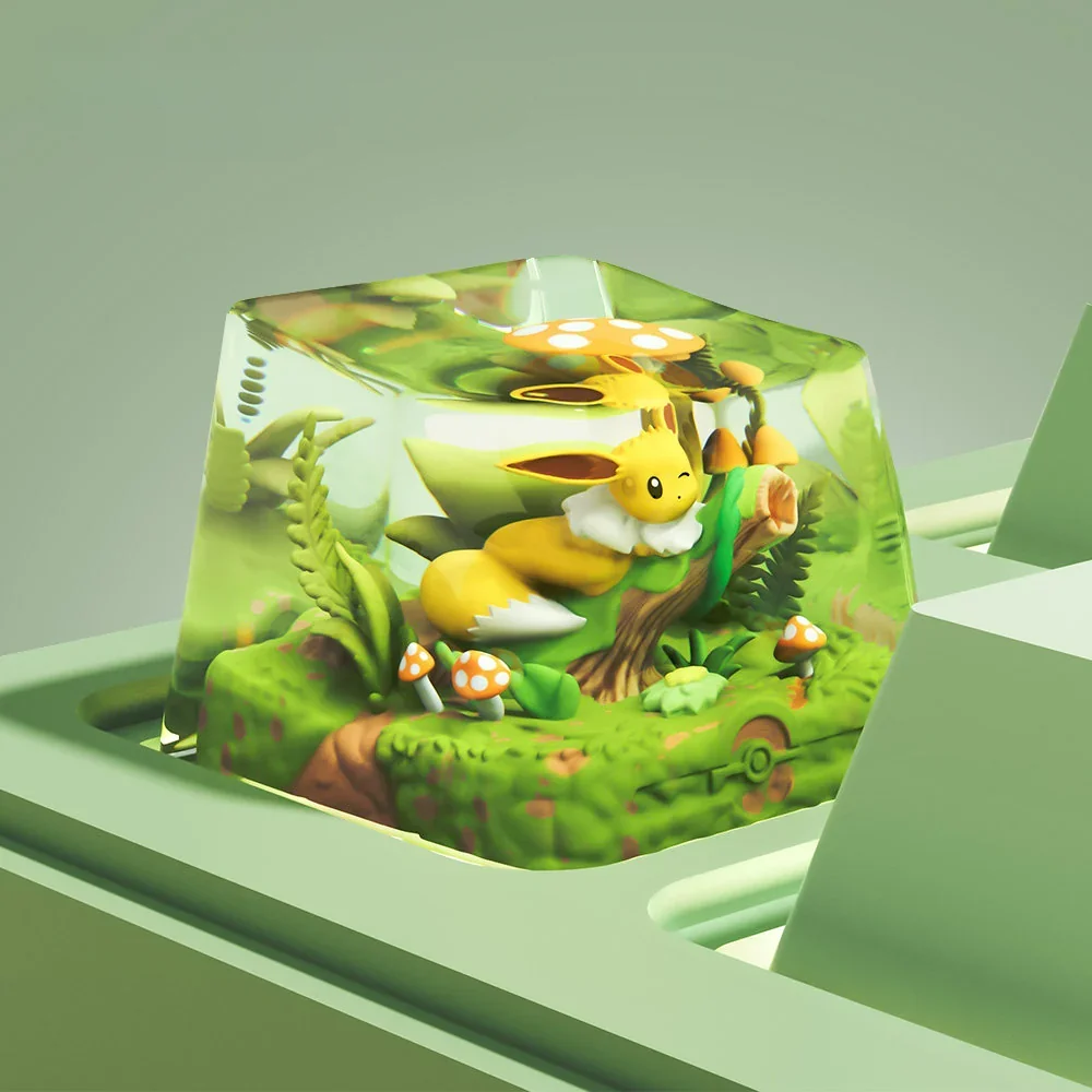 Delightful Eevee Pokemon artisan ESC keycap from a unique angle, highlighting its premium craftsmanship and playful, vibrant character design.
