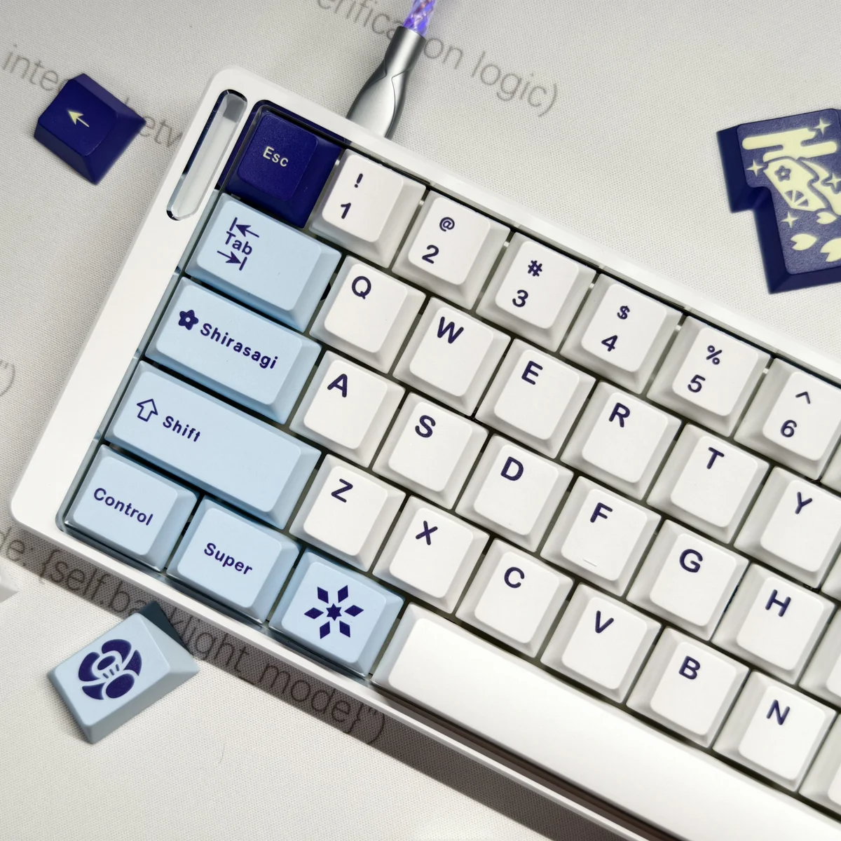 Artistic Egret Keycap Set showcasing elegant egret designs and tranquil nature scenes, made with durable PBT and full dye-sublimation.