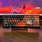 Vibrant EVA Asuka side-lit PBT keycaps. Iconic anime red and orange, translucent side-printed legends. Multiple artistic angles emphasize backlighting.