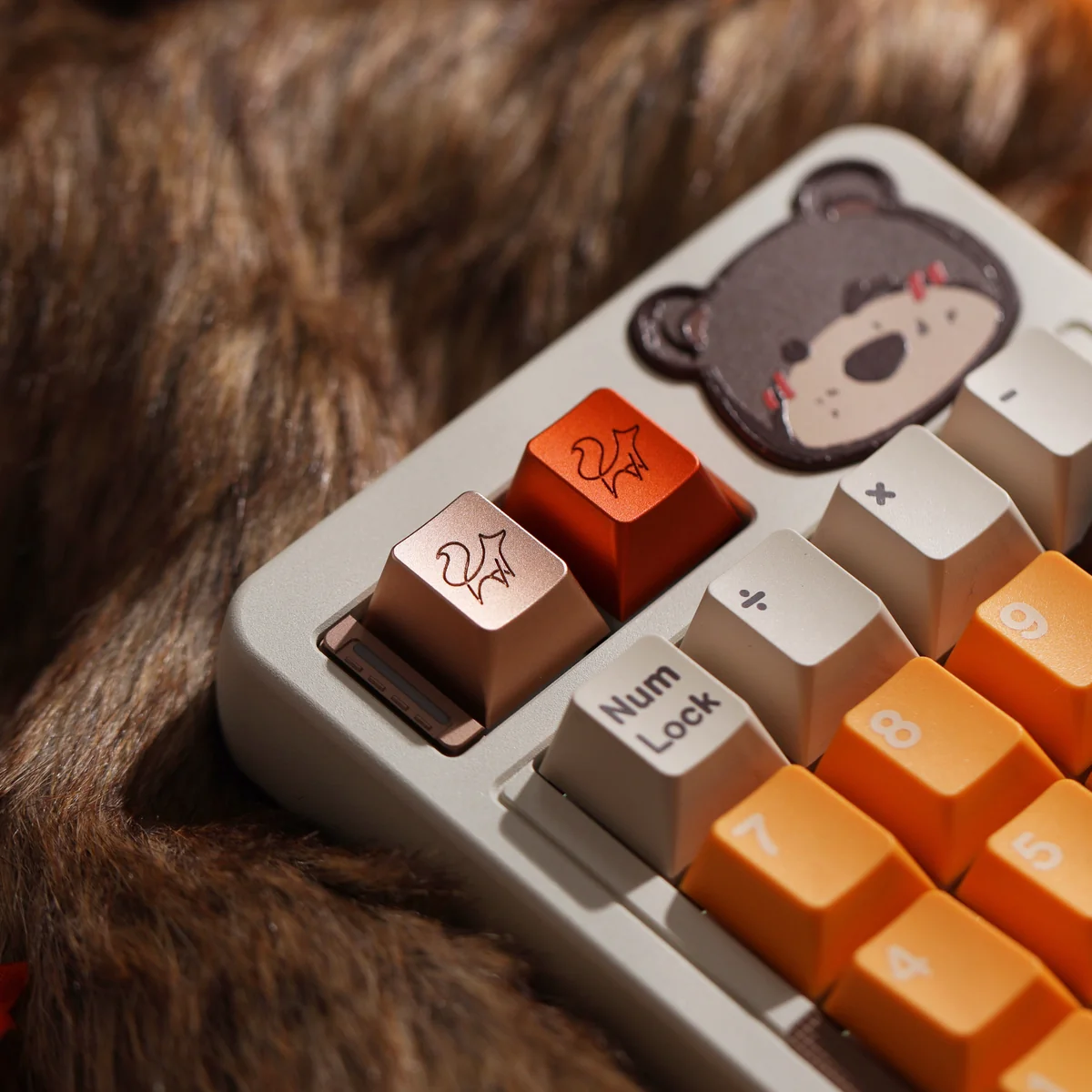 Elegant CNC aluminum artisan fox keycap, an intricate ESC key with a vibrant anodized finish, perfect for a captivating desktop.