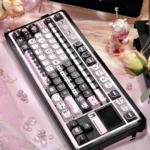 Elegant Lace Cat MAO Keycap Set displaying intricate feline silhouettes and delicate lace patterns from various artistic angles.