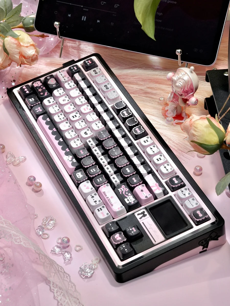 Elegant Lace Cat MAO Keycap Set displaying intricate feline silhouettes and delicate lace patterns from various artistic angles.