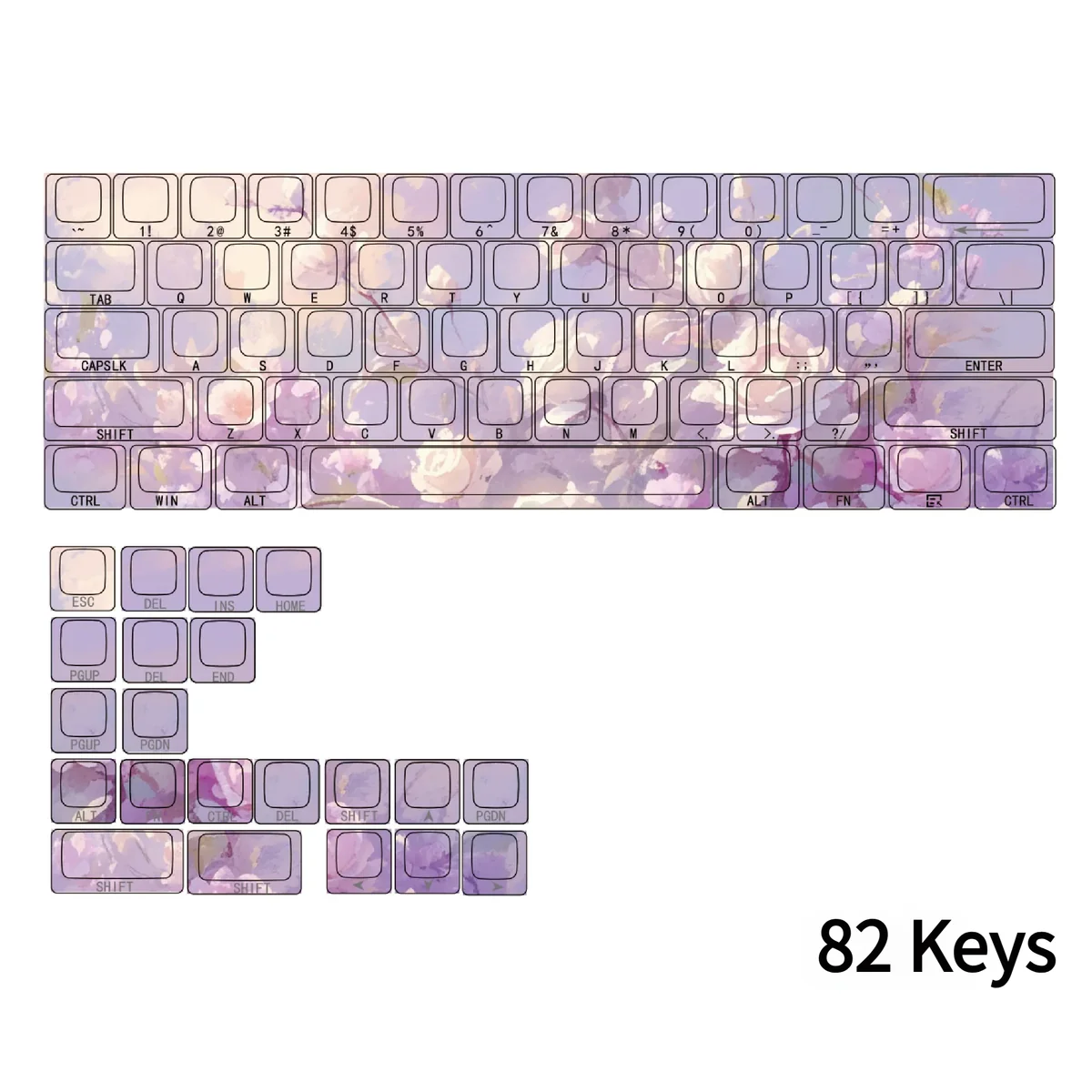 A collection of elegant violet side-engraved PBT keycaps set displayed from various angles, highlighting their clean tops and discreet legends for a premium setup.