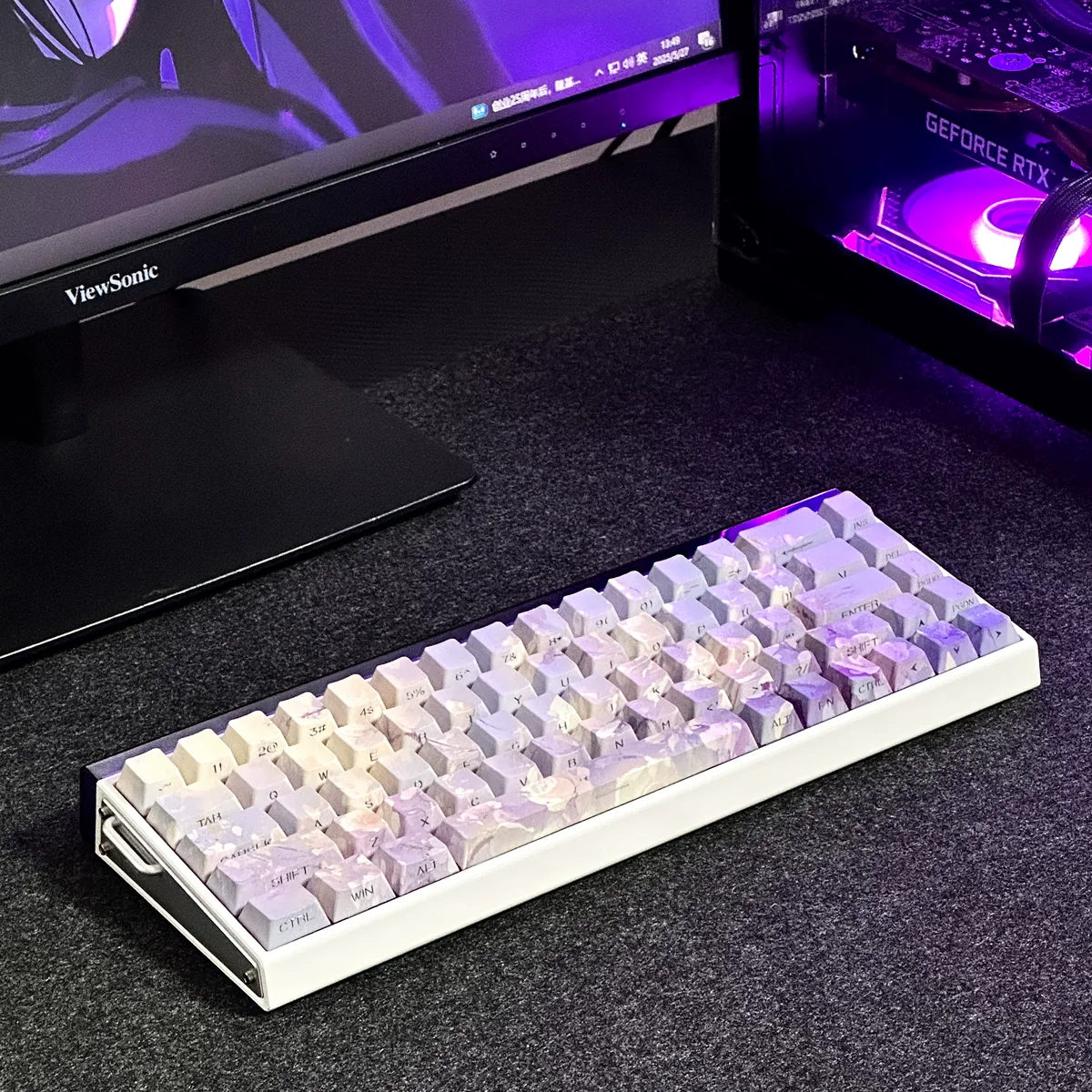 Elegant violet side-engraved PBT keycap set, displaying clean minimalist top surfaces and discreet legends for a premium keyboard look.