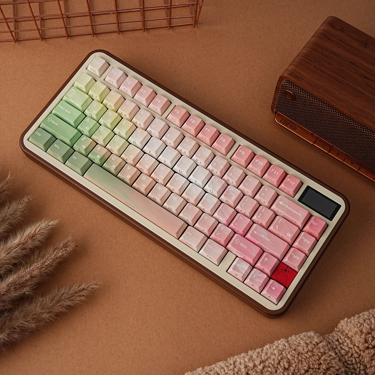 Detailed views of the Enchanting Elf PBT Keycaps Set, highlighting their ergonomic profile and intricate dual-engraved legends, capturing the mystical design.