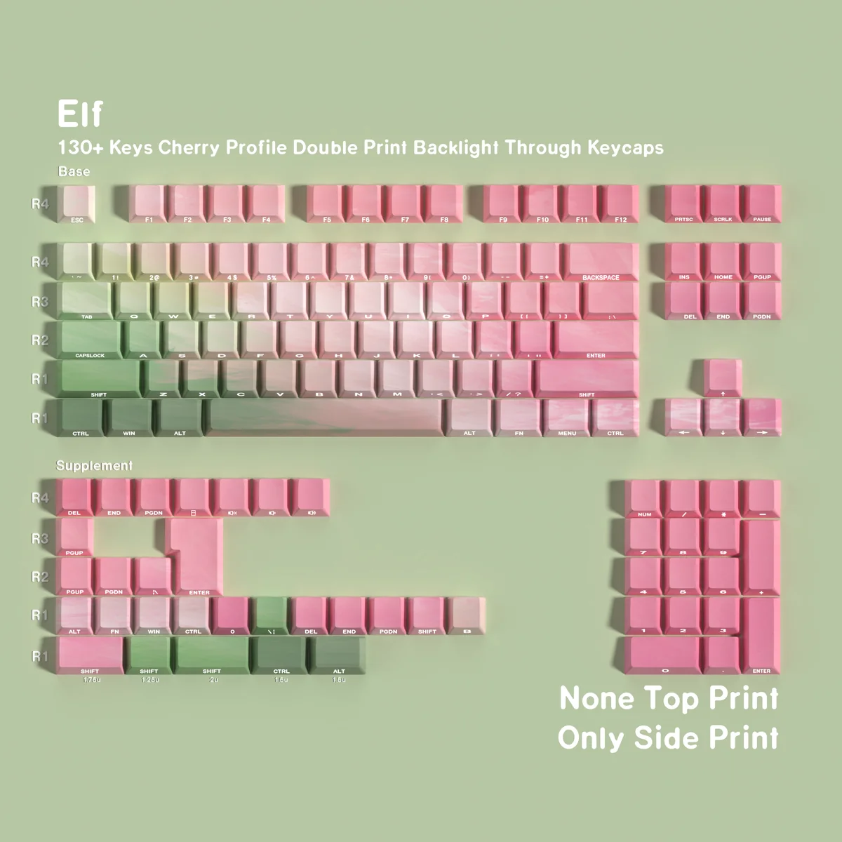 Enchanting Elf PBT Keycaps Set, multiple angles showcasing ergonomic profiles and mystical dual-engraved legends. Luminous elven forest aesthetics.