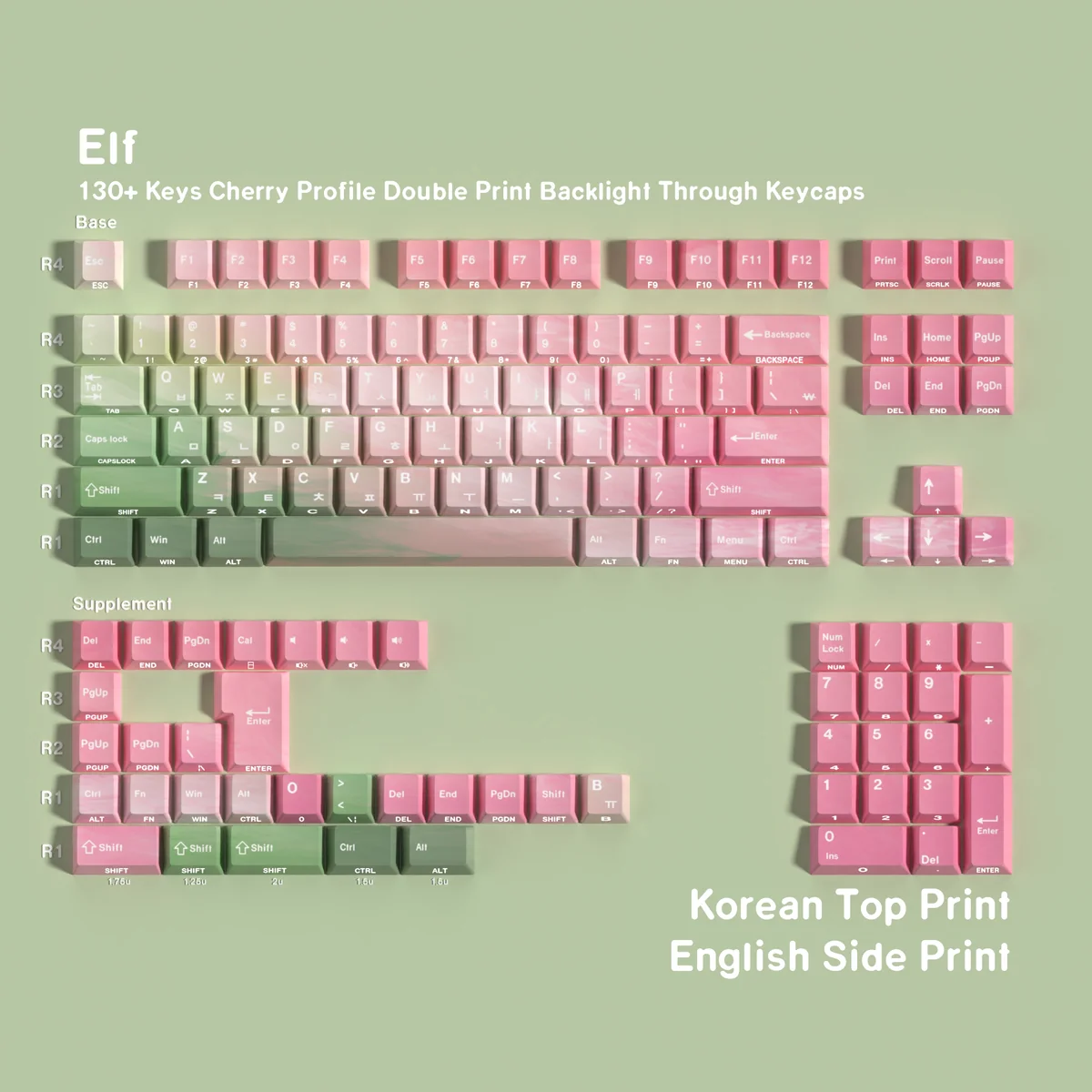Enchanting Elf PBT keycaps set: ergonomic, dual-engraved Korean legends. Mystical elven forest aesthetic for a premium fantasy keyboard.
