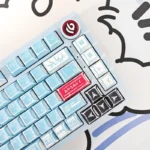 Vibrant close-up of Evangelion Unit-00 manga graffiti PBT keycaps set, highlighting the exclusive, artistic anime design from a dynamic angle.