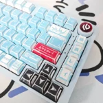 Close-up of vibrant Evangelion Unit-00 manga graffiti PBT keycaps set, showcasing the exclusive artistic details from multiple angles.