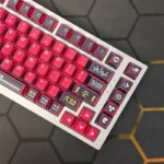 Artistic display of the fierce Evangelion Unit-02 PBT keycaps set, showcasing its iconic mecha design with bold red and black detailing.