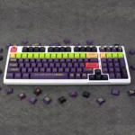 Exclusive Evangelion Unit-13 PBT Dye-Sub Keycap Set displayed with vibrant purple and green mecha art, showcasing unique anime keyboard aesthetics.