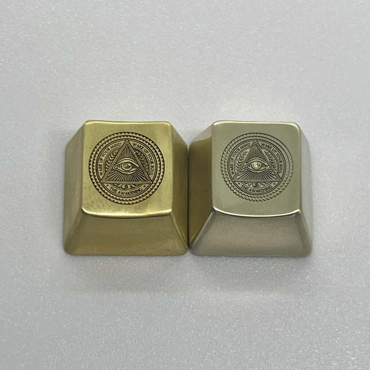 Close-up of the handcrafted Mystical Eye of Horus Keycaps, featuring a mystical eye motif and intricate metalwork, embodying symbolic insight.