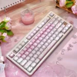 "Intricate Fair Isle Cat Dye-Sub Keycaps displayed from various angles, showcasing cozy patterns, playful cat motifs, and MAO side-engraved legends."